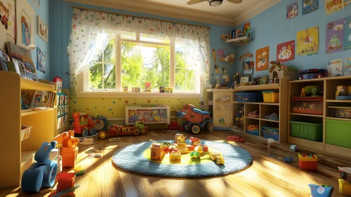 Sunny children’s playroom with scattered toys and books.