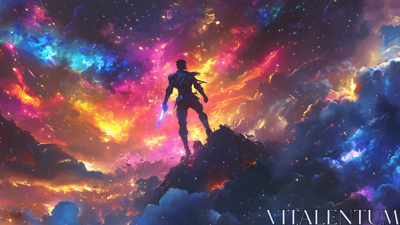 Silhouetted space warrior stands against erupting nebular sky