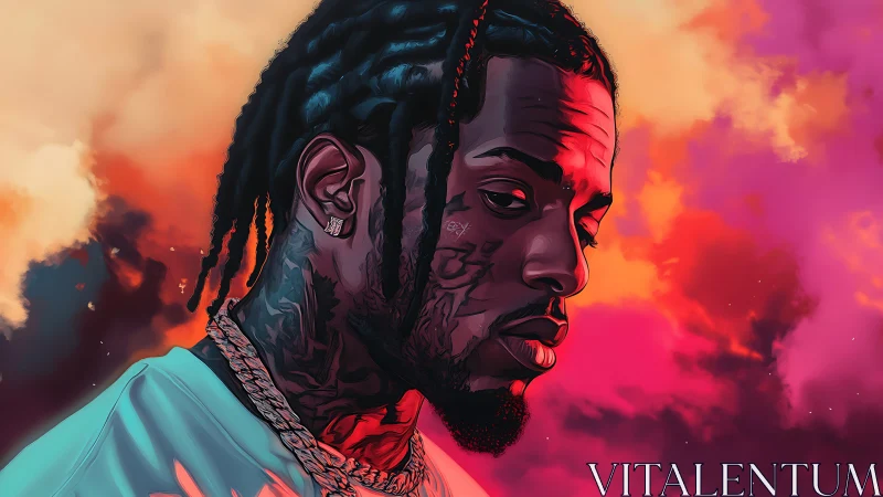 Moody hip hop portrait blazing against neon storm clouds.