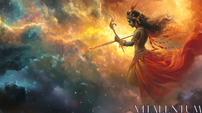 Celestial archer drifts through ember‑bright cosmic storms.