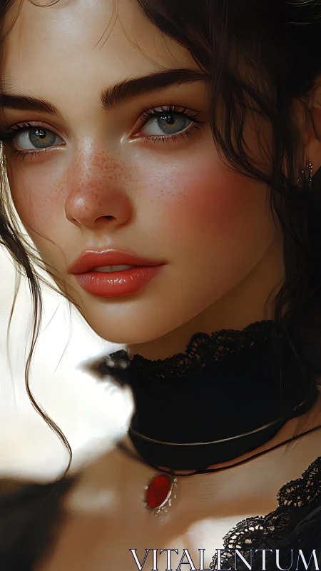 Freckled young woman in lace choker digital portrait.