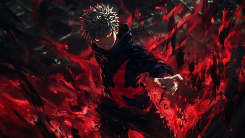 Fierce anime hero rising from swirling red energy storm.