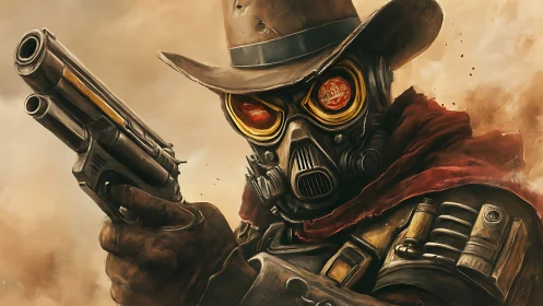 Dustborn gunslinger in gas mask goggles stalks the wasteland.