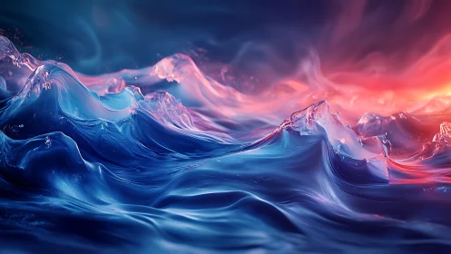 Luminous neon waves roll under a glowing twilight horizon