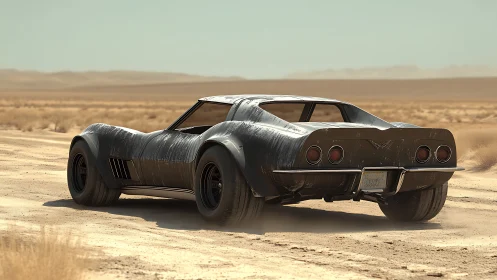 Dust-scarred muscle car prowling a sun-baked desert road.