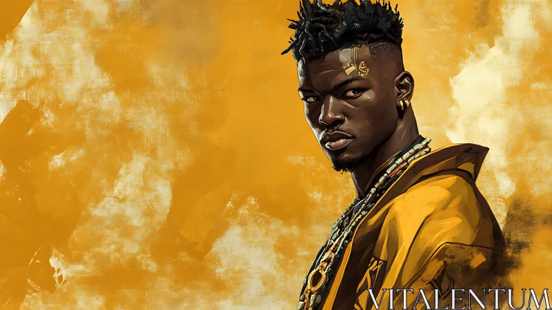 Portrait of young man in yellow coat against painted backdrop