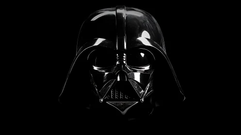 Glossy black sci fi helmet rendered against deep black void