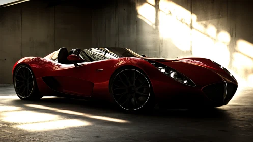 Red modern sports car parked in moody industrial light.
