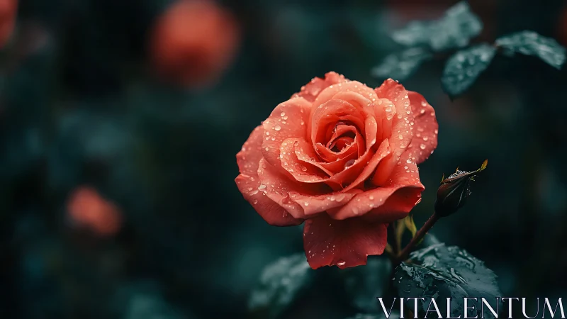Coral rose with morning dew droplets in deep focus garden setting.