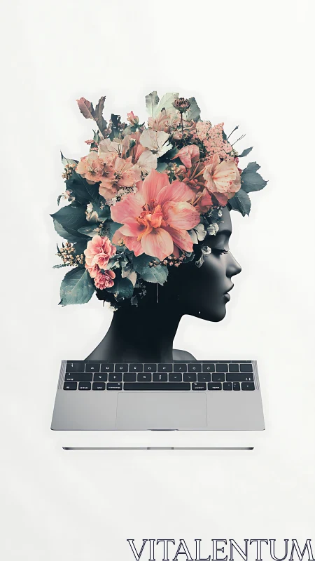Digital head sculpture with floral bouquet emerging upward.
