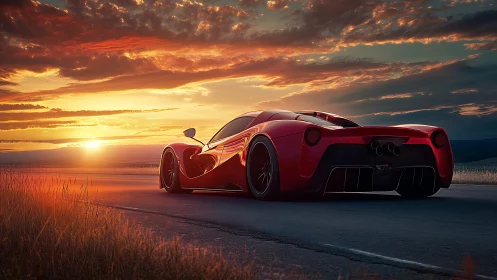 Red sports car on open road at sunset, rear perspective view.