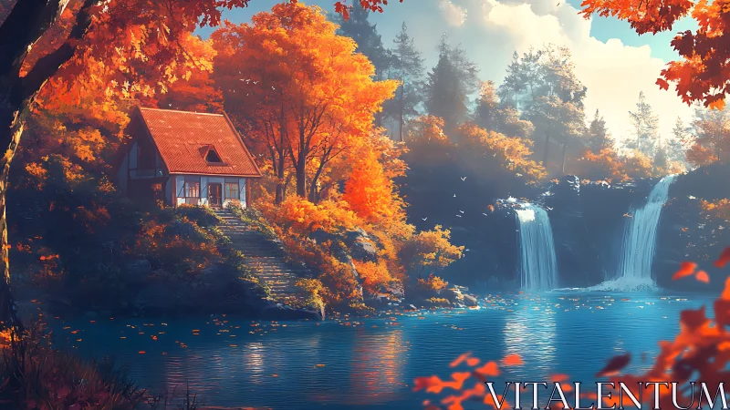 Cozy autumn cottage by a tranquil lake and waterfall glow.