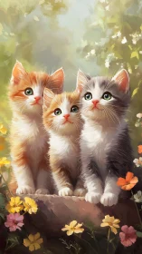 Three Whisker-Kissed Kittens in Golden Garden Bloom.