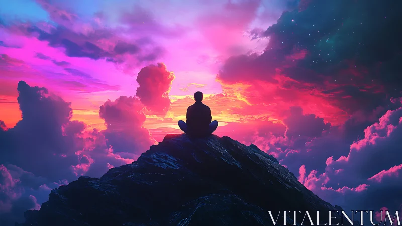 Digital painting of meditating figure on peak at neon sunset.