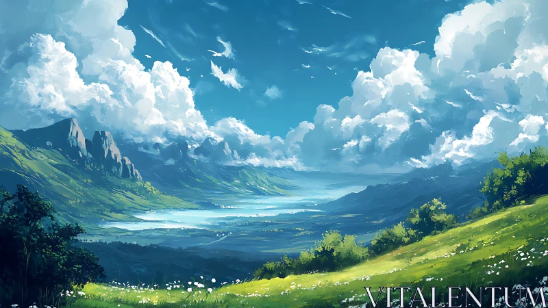 Vast digital valley landscape under towering summer clouds.