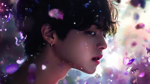 Melancholic youth amid luminous floating petals, side profile.