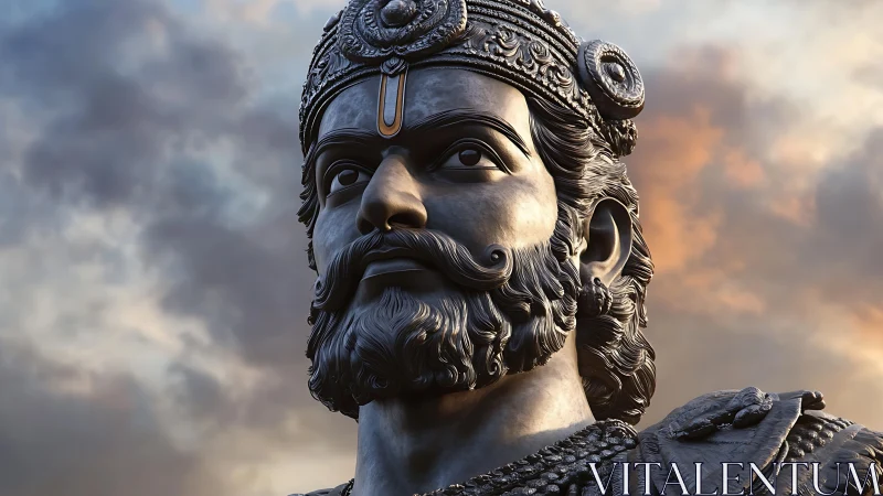 Regal bearded warrior statue rendered in detailed 3D lighting