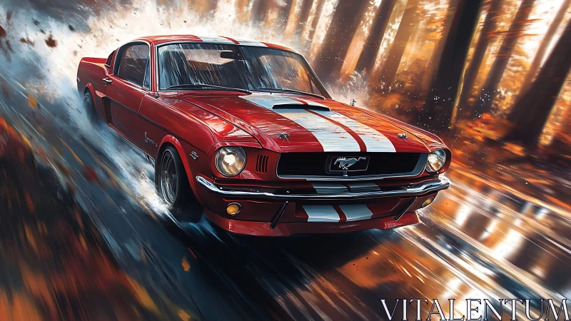 Red classic fastback car on wet forest road in motion.