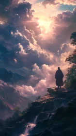 Solitary wanderer confronting radiant stormlit heavens.