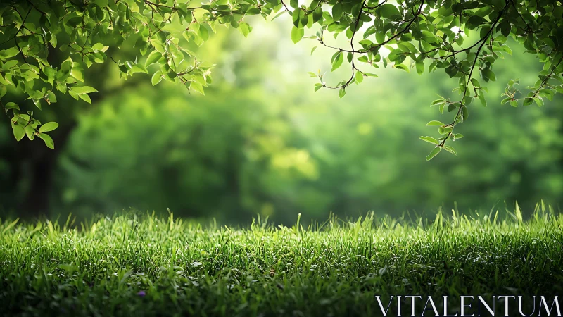 Sunlit grassy field with leafy branches in natural, serene style.