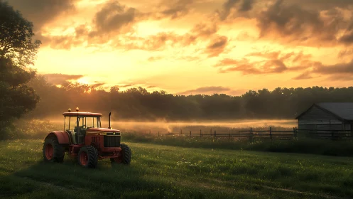 Red tractor rests in misty farm field at glowing sunset