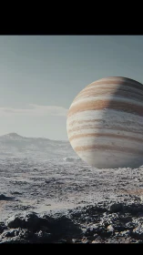 Giant gas planet rising above icy alien landscape.
