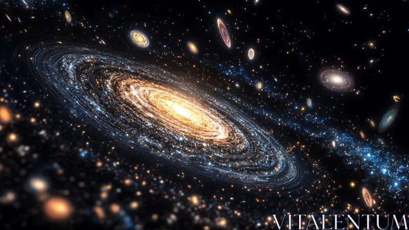 Spiral galaxy cluster illustration with dense star fields.