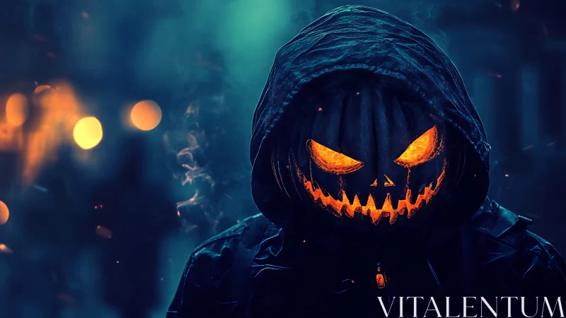 Hooded figure with glowing carved pumpkin head at night.