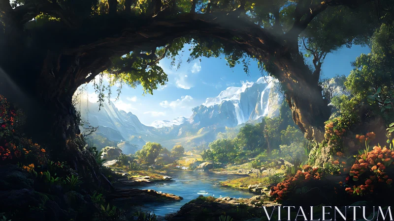 Lush fantasy valley framed by giant arched forest trees.