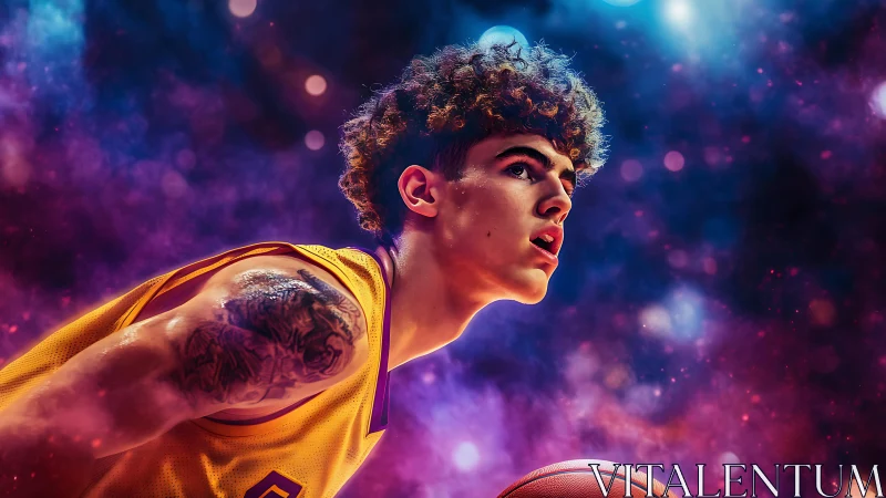 Young basketball player isolates against neon cosmic arena.