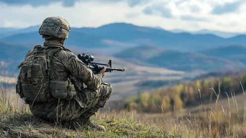 Soldier in camouflage observes valley landscape with rifle