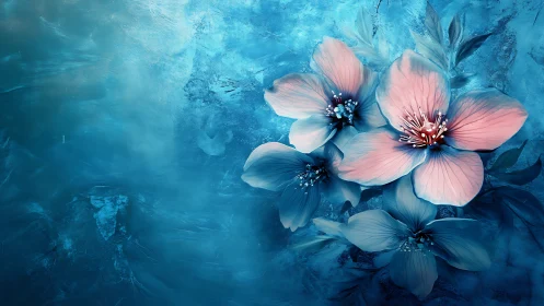 Pink and white flowers rendered with ethereal depth against luminous blue atmospheric backdrop.
