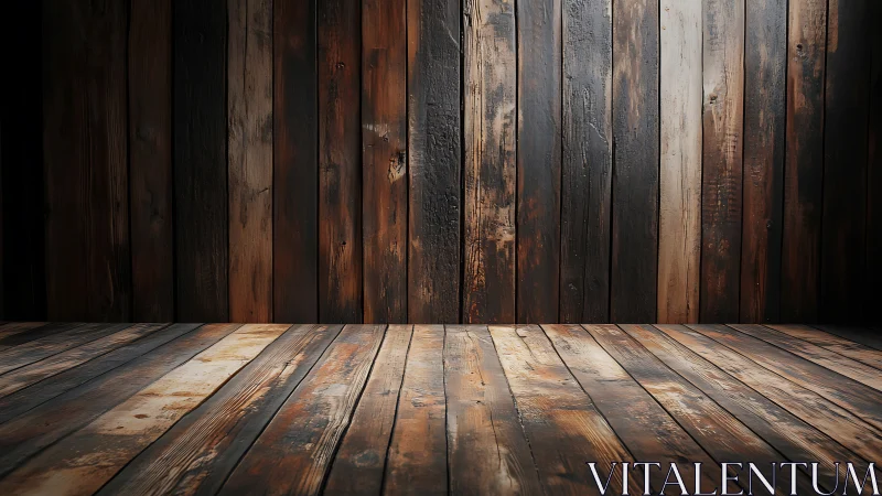 Rustic timber stage in warm, timeworn studio lighted hush.