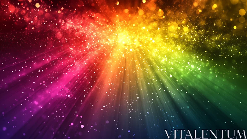 Prismatic light burst with radial bokeh particles and color spectrum