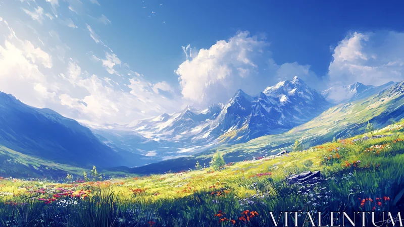 Sunlit alpine meadow opens toward distant snowy peaks.