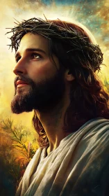 Digital painting portrait with crown of thorns and radiant light.
