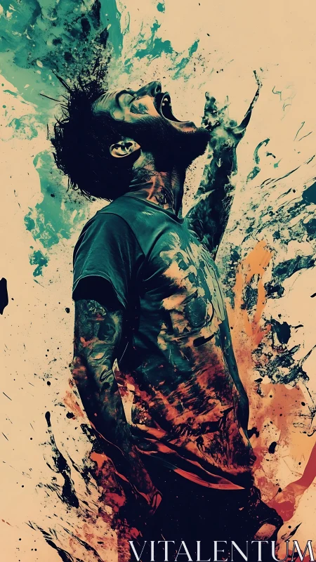 Ink-splashed man screams into swirling teal and fire tones