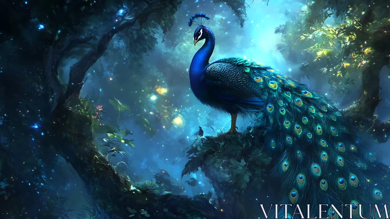 Mystic peacock glows over bioluminescent forest canopy.