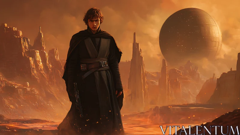 Dark robed wanderer crosses molten alien canyon at dusk.