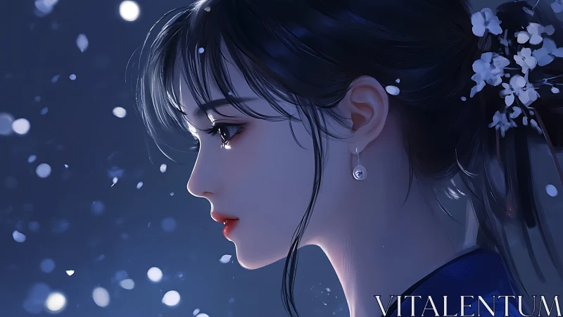 Night-blooming petals listen quietly to her silver gaze