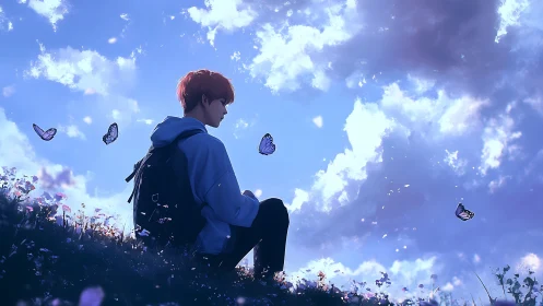 Quiet hillside daydream with a boy and gentle butterflies.
