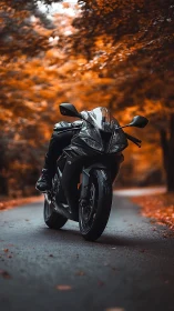 Midnight superbike gliding through copper-burnished forest hush.