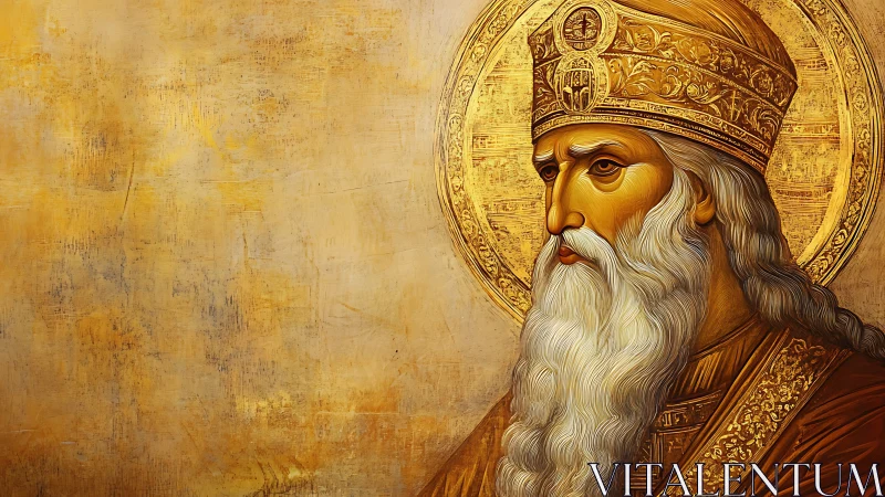 Golden-robed elder saint gazes through time in solemn calm.