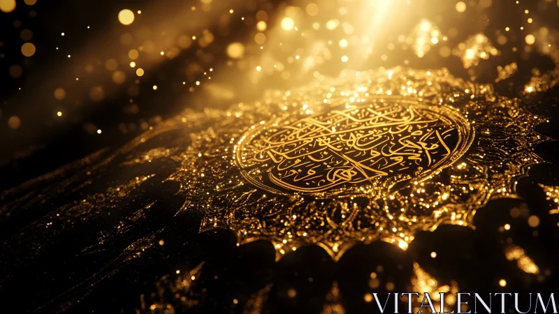 Ornate Golden Islamic Calligraphy on Black Background, Glowing Style.