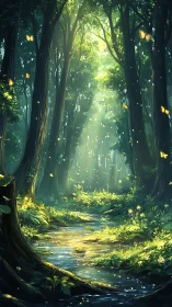 Enchanted Forest Stream with Golden Butterflies.