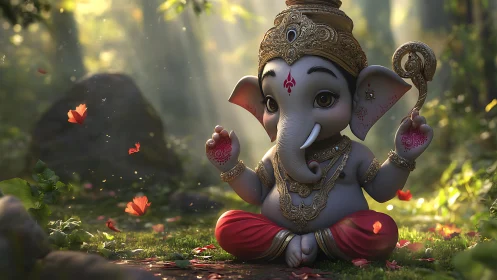Baby Ganesha idol in sunlit forest with floating petals.