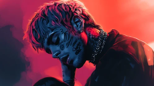 Moody neon portrait captures introspective tattooed singer