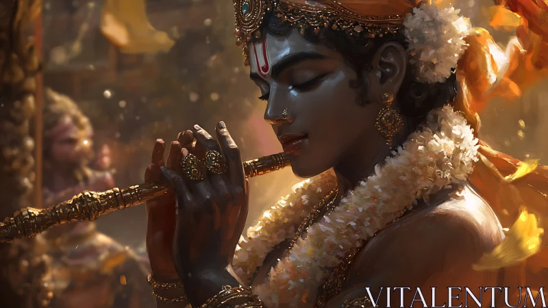 Ornamented figure with flute in warm-toned digital scene.