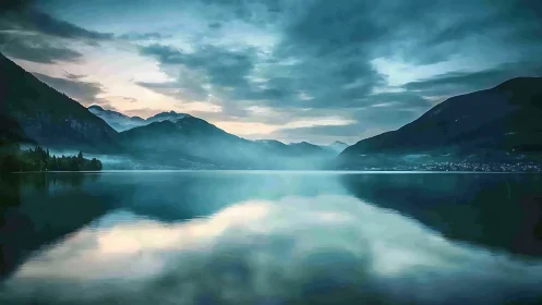 Mountain lake mirror reflects dawn clouds and teal mist