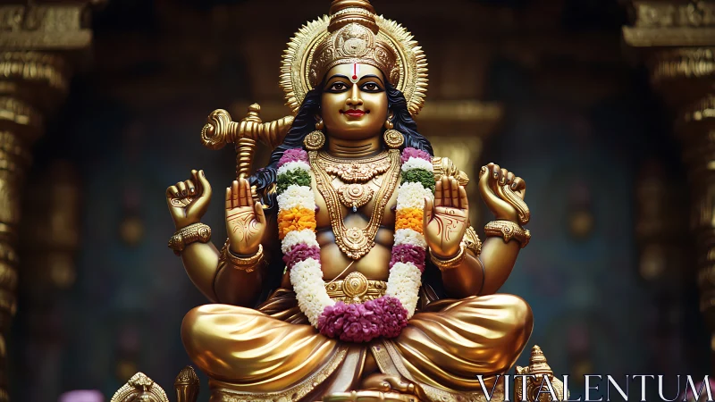 Radiant golden deity statue offering calm, gentle blessings.